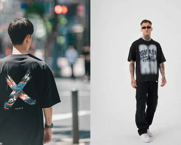 Mężczyzna w czarnej koszulce z grafiką smoka w stylu streetwear. Drugi mężczyzna w czarnej koszulce z napisem i spodniach cargo.