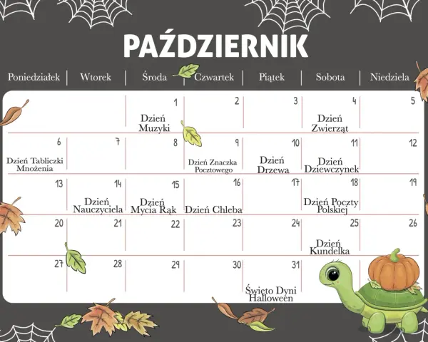Październikowy kalendarz dni nietypowych z zabawnym żółwikiem i dynią. Zaznaczone święta: Dzień Muzyki, Zwierząt, Nauczyciela, Mycia Rąk, Chleba, Poczty Polskiej, Kundelka i Święto Dyni Halloween.