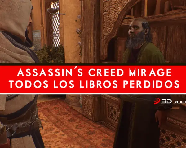 Basim busca los libros perdidos en Assassin's Creed Mirage. Un hombre con barba y túnica verde le habla en una habitación con estanterías.