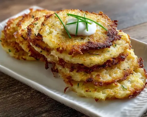 Pile de galettes de pomme de terre dorées et croustillantes, garnies d'une cuillère de crème fraîche et de ciboulette.