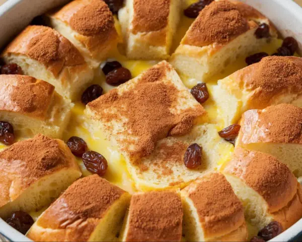 Pudding chlebowy z rodzynkami i cynamonem, pachnący jak domowe wypieki. Obok, w oddali, można dostrzec ślady puddingu ryżowego.