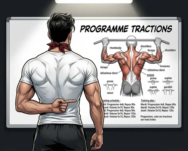 Un homme musclé montre un tableau expliquant le programme tractions, avec des schémas anatomiques et un planning d'entraînement.