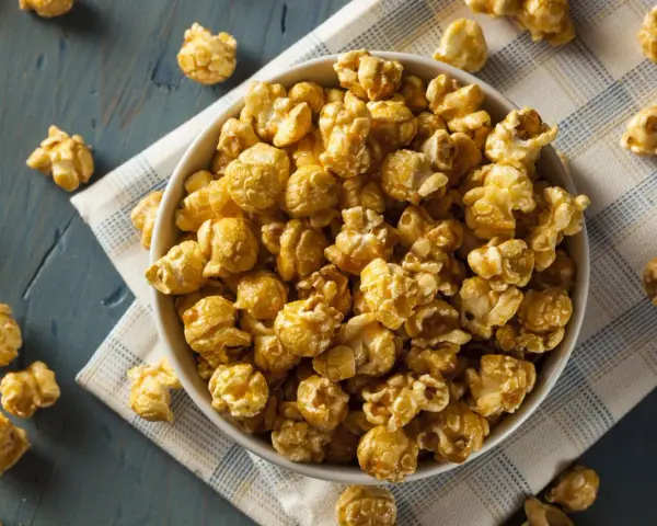 Miseczka karmelowego popcornu, idealna przekąska. Chcesz wiedzieć, jak zrobić popcorn? Oto inspiracja!