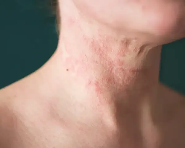 Close-up of a person's neck with red, inflamed eczema. Some find relief from itching, wondering why does hot water feel good on eczema.