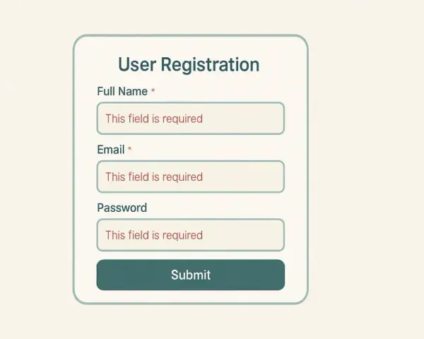 Formularz rejestracji użytkownika z polami: Imię i nazwisko, Email, Hasło. Pola wymagane, gotowe do wypełnienia w technologii html5.