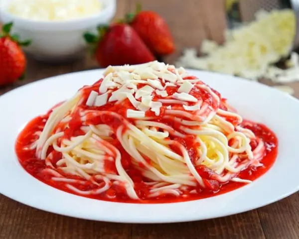 Ein Teller mit Spaghetti Eis, garniert mit Erdbeersauce und weißen Schokostückchen. Frische Erdbeeren und geriebene Schokolade im Hintergrund.