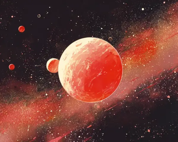 Czerwone planety, w tym duży Mars w raku, unoszą się w gwiezdnym pyle.