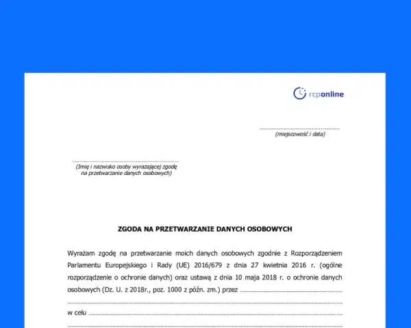 Formularz zgody na przetwarzanie danych osobowych, wymagany przez RODO.