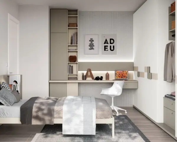 Moderna zona studio ragazzi con letto, scrivania, libreria e armadio.