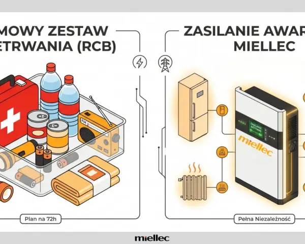 Zestaw przetrwania na wypadek blackout w Polsce: apteczka, woda, jedzenie, radio, latarki. Zasilanie awaryjne Miellec zapewnia prąd do lodówki, ogrzewania, kuchenki i oświetlenia.