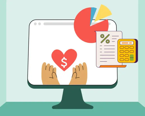 Illustration of a computer screen showing a heart with a dollar sign, hands reaching up, a pie chart, and a calculator, symbolizing pro bono accounting services for nonprofits.