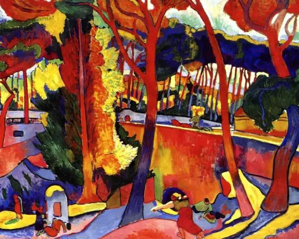 Paysage vibrant aux arbres rouges et bleus, typique du fauvisme Henri Matisse. Des figures humaines colorées animent la scène.