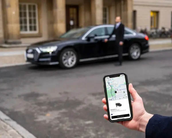 Hand hält Smartphone mit Uber-App, die eine Fahrt mit uber premium cars anzeigt. Ein Fahrer steht neben einem schwarzen Audi.