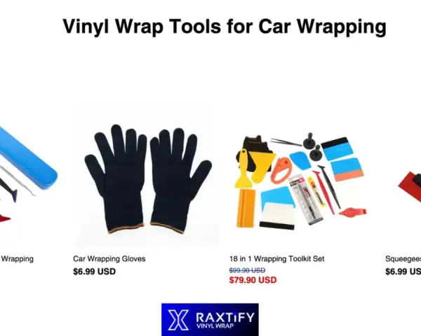 Tools you need to wrap a car: tucking tools, gloves, a comprehensive toolkit, and squeegees.