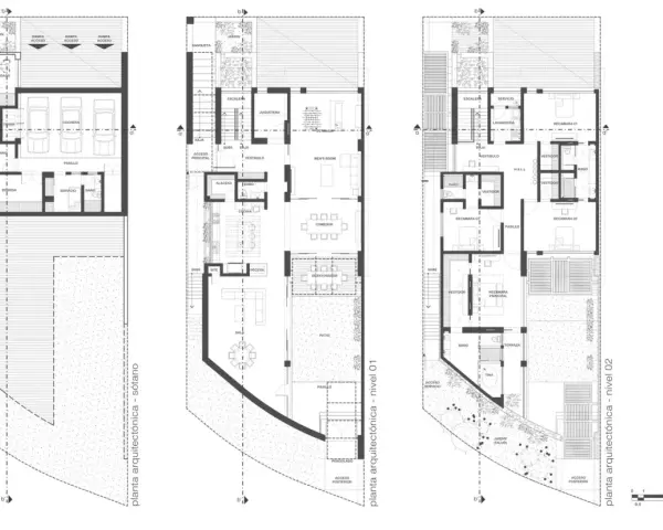 Pianta architettonica di una pianta casa a schiera su 2 piani: seminterrato con garage, piano terra con cucina e soggiorno, primo piano con camere da letto.