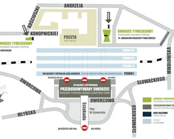 Mapa okolic placu Andrzeja w Katowicach PKP. Widać tymczasowy dworzec, przebudowywany dworzec, pocztę i perony.