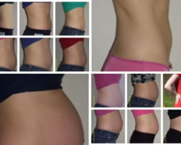 Bauchveränderungen über die Zeit, beginnend mit einem flachen Bauch, der sich langsam rundet. Man sieht, wie der Bauch wächst, als ob man 1 Woche schwanger wäre und sich weiterentwickelt.