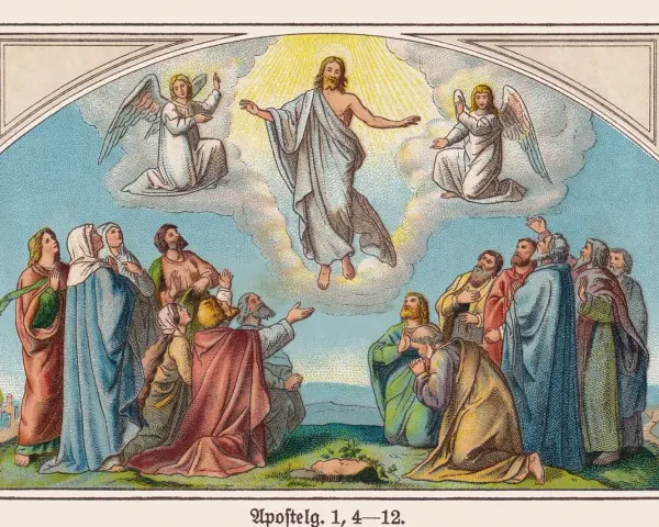 Jesus steigt 40 Tage nach Ostern gen Himmel. Jünger und Engel blicken staunend empor.