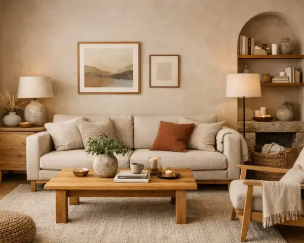 Soggiorno accogliente con divano beige, tavolino in legno e quadri con paesaggi. Perfetti abbinamenti caldi colori pareti soggiorno per un'atmosfera rilassante.