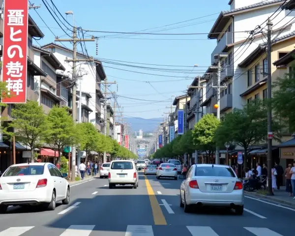 Jaki ruch jest w Japonii? Ulica w Kioto z samochodami, pieszymi i tradycyjną architekturą.