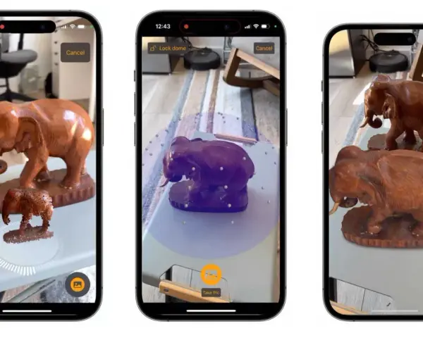 Skanowanie 3D iPhone'em: aplikacja AR tworzy cyfrowy model drewnianego słonia, pokazując proces przechwytywania i finalny efekt.