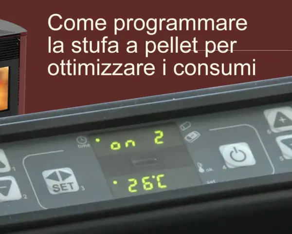Pannello di controllo di una stufa a pellet con display digitale che mostra "on 2" e "26°C". Impara a regolare i parametri stufa a pellet per ottimizzare i consumi.