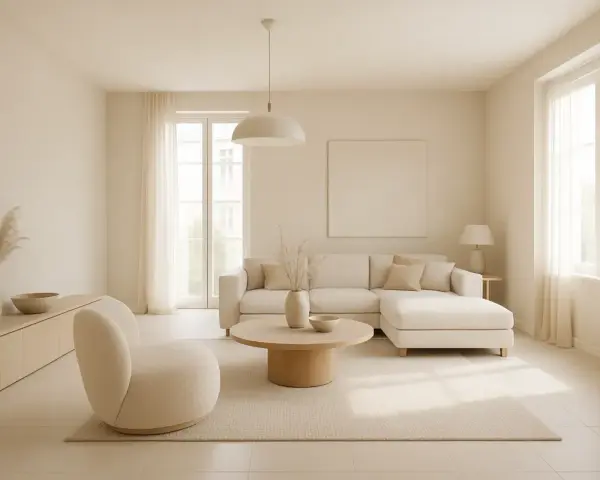 Jasny salon w odcieniach beżowego koloru. Duża, narożna sofa, okrągły stolik kawowy i wygodny fotel tworzą przytulną przestrzeń.