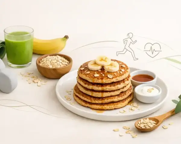 Zdrowe placuszki bananowe z płatkami owsianymi, jogurtem i miodem, obok zielonego smoothie, banana i hantli. Idealne śniadanie dla aktywnych.