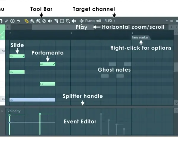 Piano roll w FL Studio: menu, pasek narzędzi, edytor nut, portamento, ghost notes, zoom i przewijanie. Poznaj fl studio shortcuts!