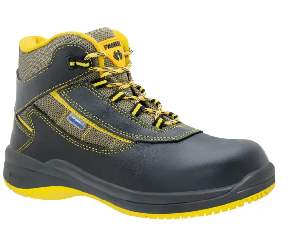 Bota de seguridad negra y amarilla, ideal para aliviar dolor de pies por botas de seguridad. Confort y protección garantizados.