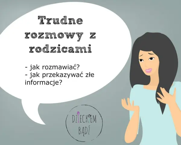 Trudne rozmowy z rodzicami: jak rozmawiać i przekazywać złe informacje? Ilustracja przedstawia kobietę z chmurką dialogową, która symbolizuje wyzwania w komunikacji.