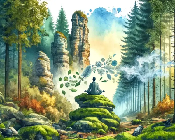 Meditierender Mann in einem moosbewachsenen Wald, umgeben von Felsformationen und magischen Elementen. Eine Fantasiereise in den Wald.