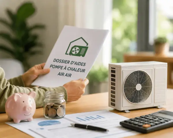 Une personne examine un dossier d'aide pour pompe à chaleur air air, à côté d'un modèle de climatiseur, d'une tirelire et d'une calculatrice.