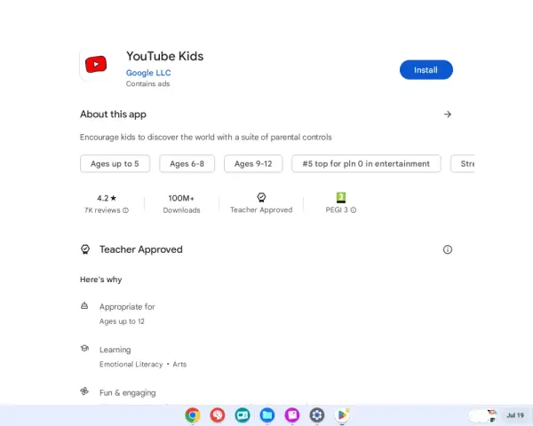 Ekran Chrome OS z aplikacją YouTube Kids. Dostępne kategorie wiekowe: do 5 lat, 6-8 lat, 9-12 lat. Aplikacja ma 4.2 gwiazdki i 100M+ pobrań.