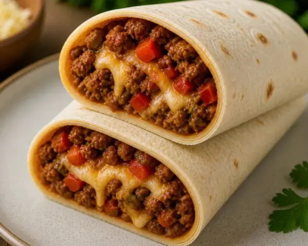 Pyszna tortilla z mięsem mielonym, papryką i ciągnącym się serem. Idealna na szybki posiłek.