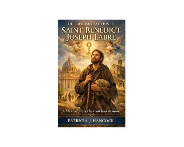 Book cover: Saint Benedict Joseph Labre, a beggar saint, looks up at the monstrance. His life and devotion inspire a st benedict joseph labre prayer.