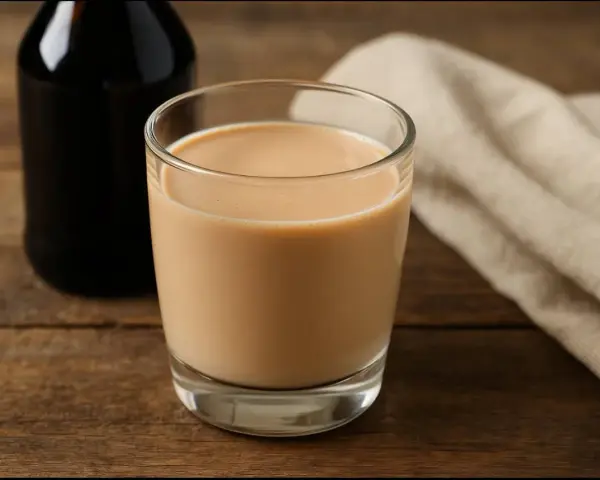 Szklanka kremowego likieru, idealny likier Baileys zamiennik, obok ciemnej butelki i lnianej serwetki na drewnianym stole.