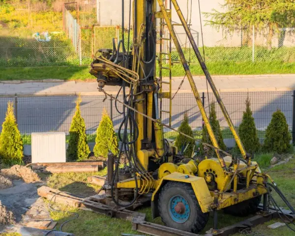 Żółta wiertnica na placu budowy. Rozpoczynają się prace nad studnią głębinową, koszt inwestycji zależy od wielu czynników.