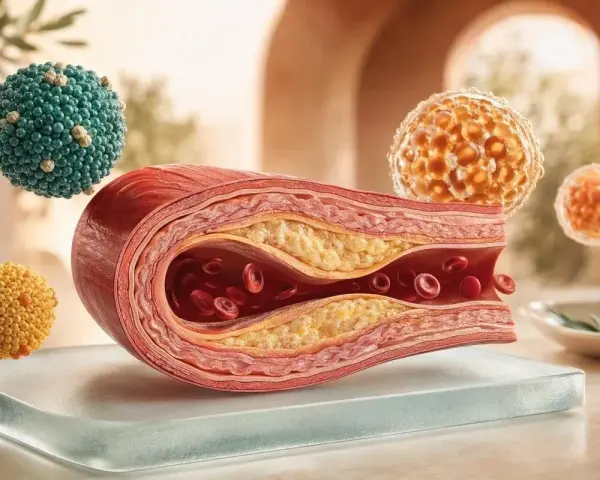 Przekrój naczynia krwionośnego z cholesterolem. Kuleczki symbolizują cząsteczki tłuszczu, sugerując, że hdl cholesterol za niski.
