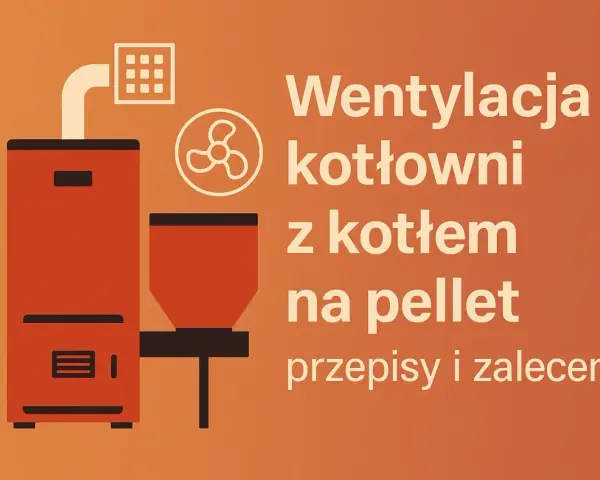 Ilustracja przedstawia kocioł na pellet i wentylator, symbolizujące wentylację w kotłowni.