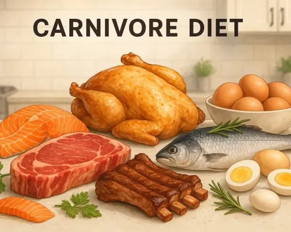 Mięso, ryby i jajka na stole, ilustrujące zasady diety carnivore.