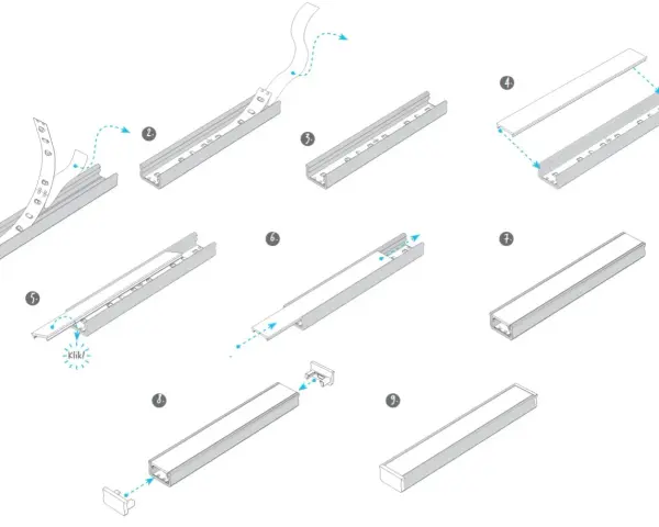 Instrukcja montażu taśmy LED w listwie aluminiowej: przyklejanie, wsuwanie, zamykanie.