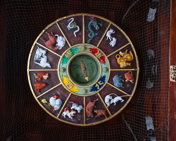 Okrągły zegar zodiaku chińskiego z wizerunkami zwierząt, w tym bawół chiński znak zodiaku.