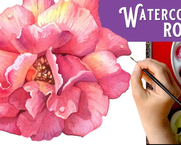 Un magnifique dessin rose aquarelle, avec une main tenant un pinceau près d'une palette de couleurs.