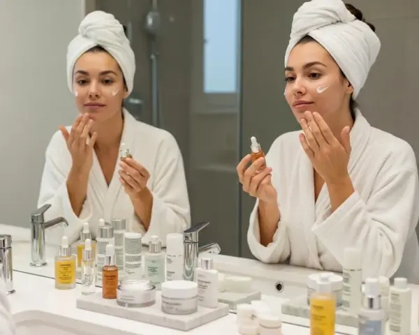 Femme appliquant un sérum visage, reflet dans le miroir. Une routine beauté avec des produits de soin, dont un sérum au rétinol pour la peau.
