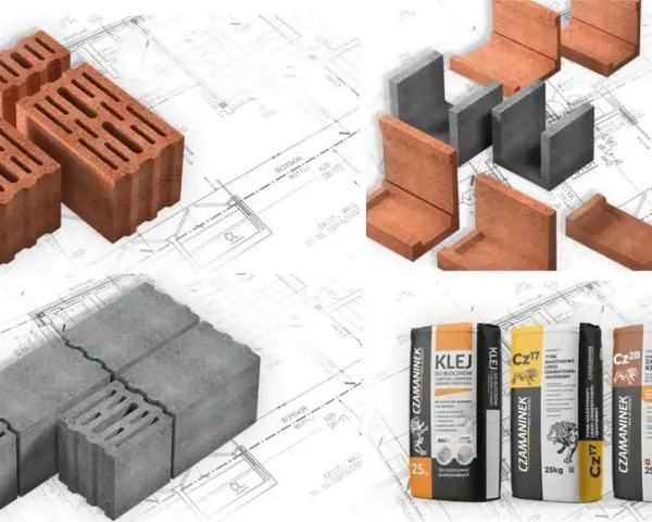 Różne rodzaje pustaków, w tym prefabrykat keramzytowy, oraz materiały budowlane, jak kleje i zaprawy, na tle planów architektonicznych.