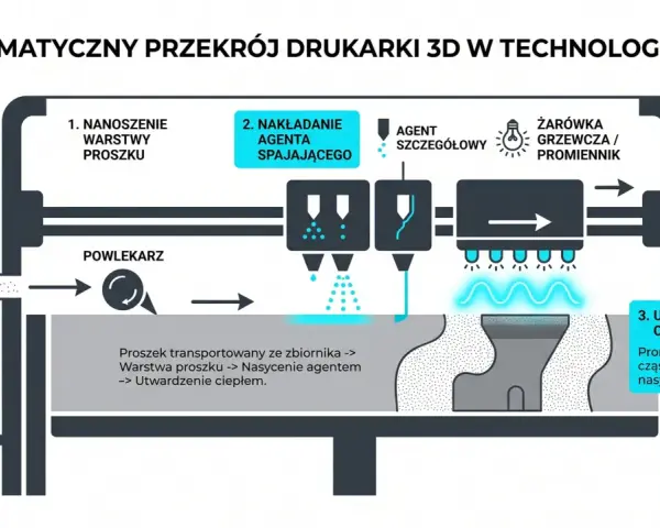 Schemat budowy drukarki 3D MJF: nanoszenie proszku, nakładanie agenta spajającego i utwardzanie ciepłem.