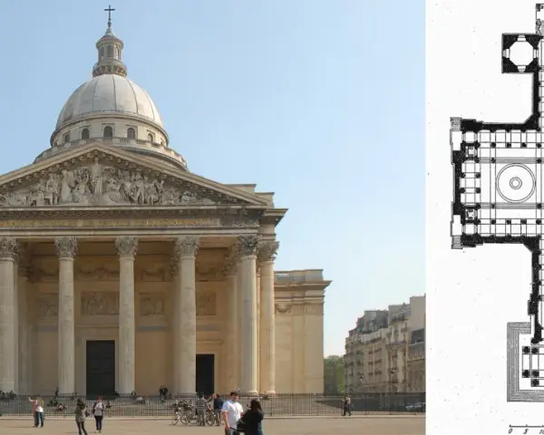 Monumentalny Panteon w Paryżu, przykład klasycystycznego stylu w architekturze, obok jego planu.