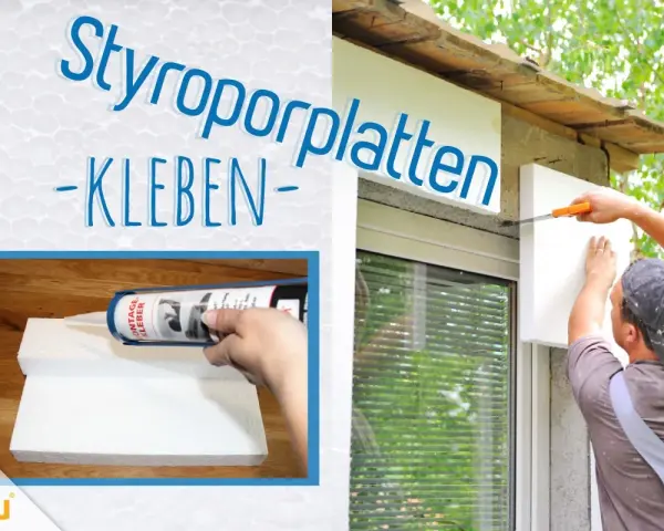 Styroporplatten kleben: Ein Mann befestigt eine Styroporplatte am Haus. Daneben eine Hand mit Kleberpistole.