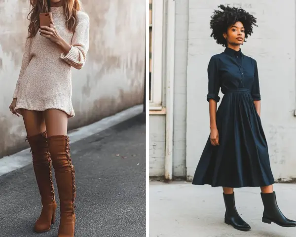 Dos mujeres lucen elegantes vestidos con botines y medias. Una con un vestido tejido y botas altas de gamuza, la otra con un vestido camisero y botines negros.